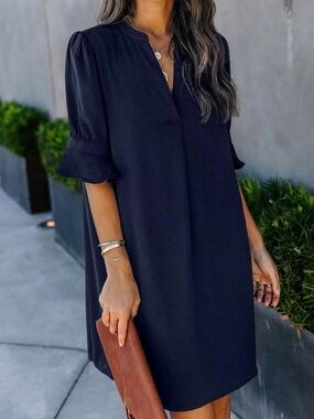 NWT Classic Navy V-Neck Midi Dress with Ruffle Sleeves - Women, Large